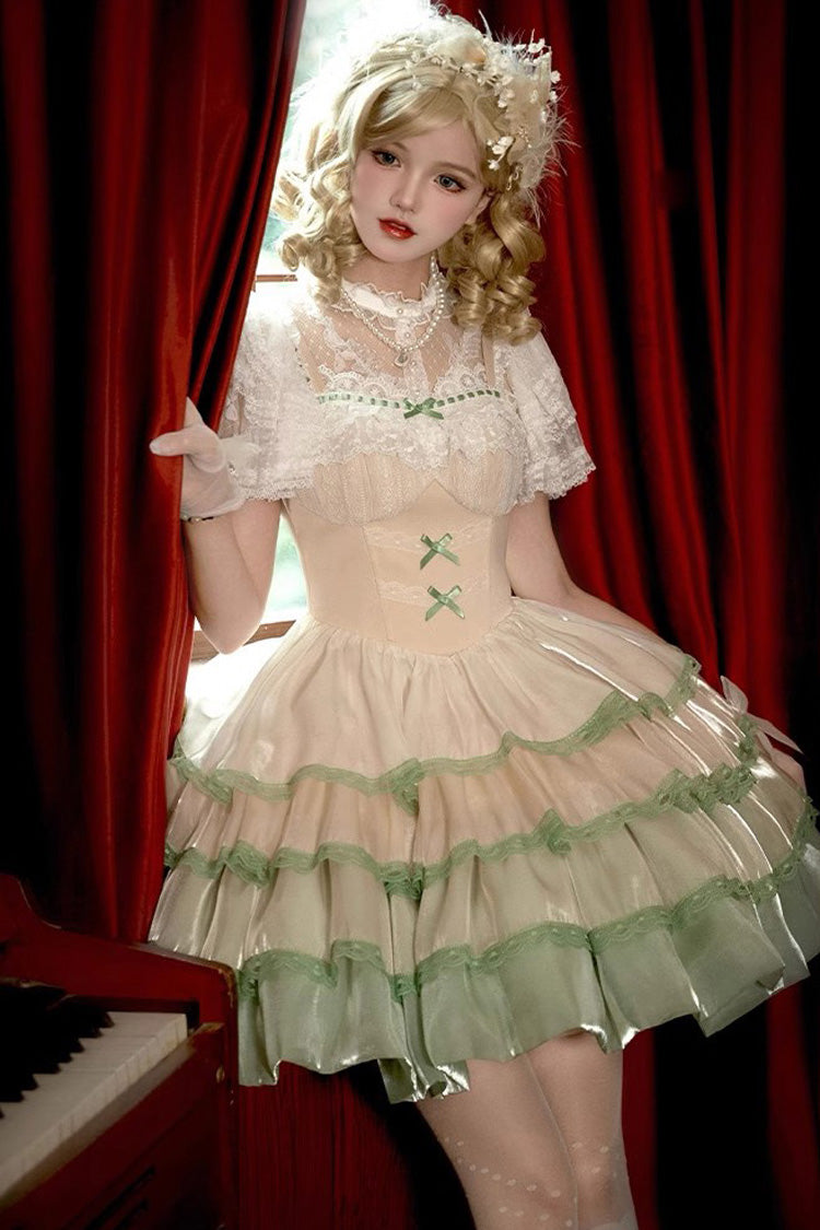 Ivory/Green Glass Dream Multi-layer Ruffle Fish Bone Sweet Lolita Jsk Dress