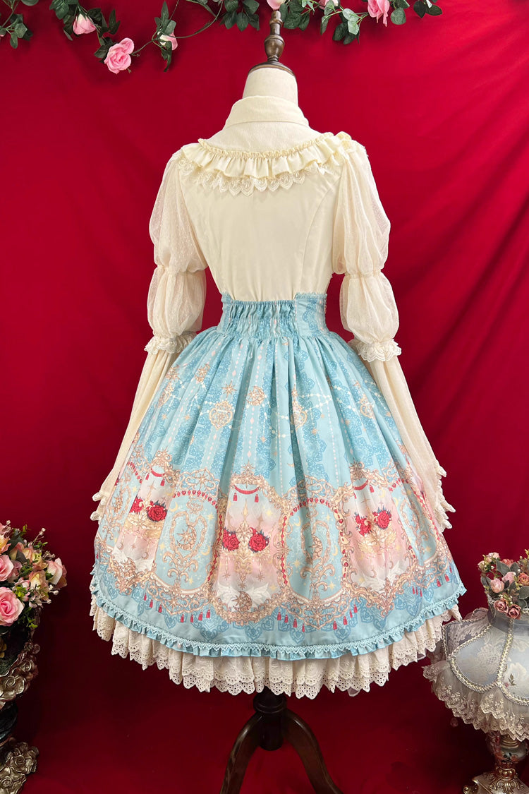 Blue [Moonlit Garden Secret] Print Ruffle Embroidery Lace Sweet Elegant Palace Lolita Skirt
