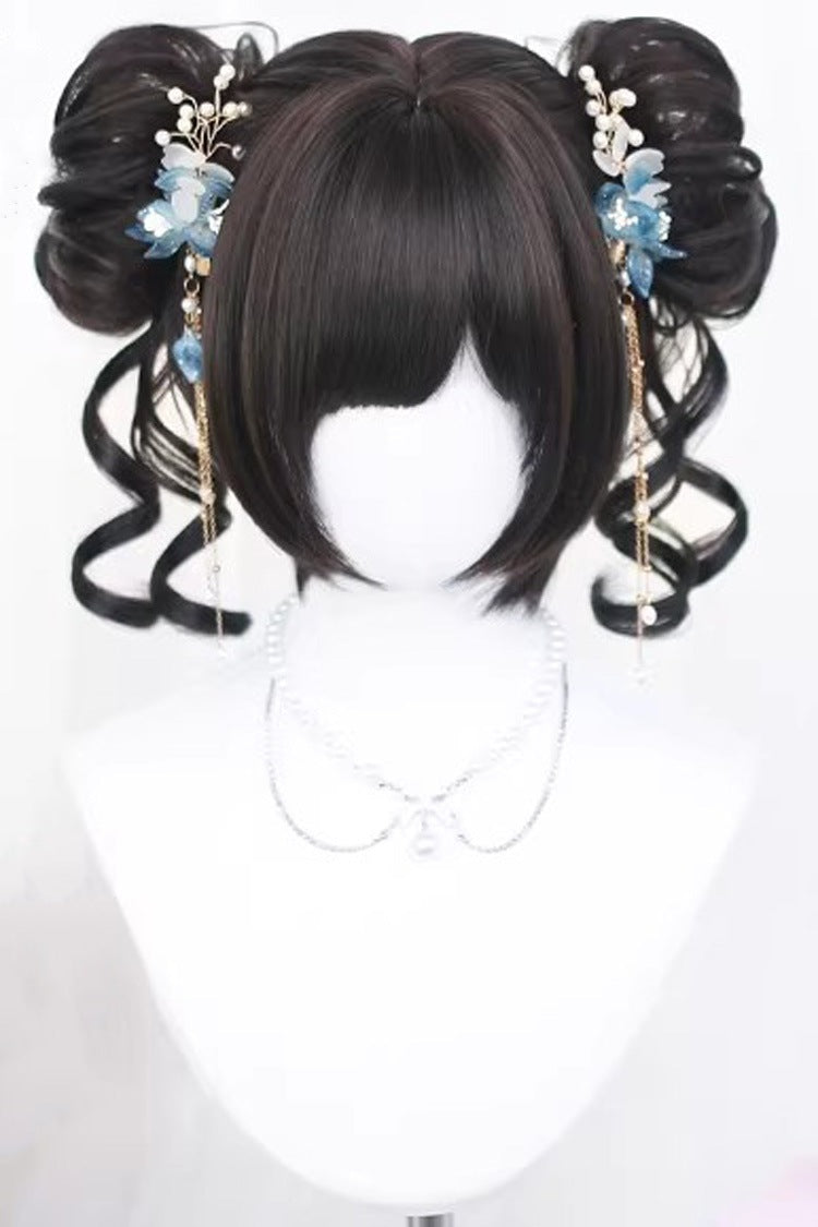 Graceful Black Tea Brown Floral Bun Cheveux courts avec frange d'air Sweet Lolita Wig