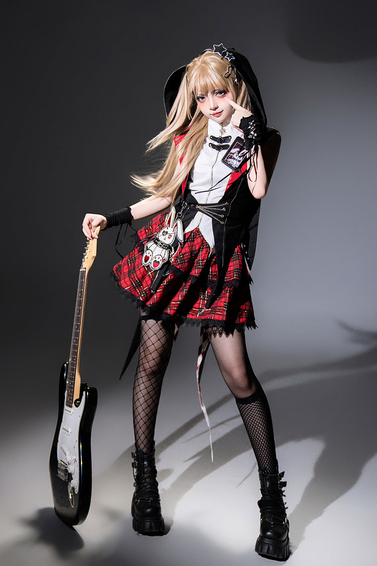 Noir/Rouge [Rock Bunny] Ensemble de Jupe Lolita Punk Sans Manches à Capuche à Double Couche avec Broderie 