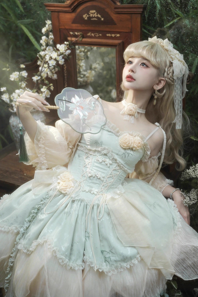 Green [Tea Bamboo Song] Sleeveless Print Ruffle Bowknot Sweet Chinese Style Elegant Ballet Lolita Jsk Short Dress