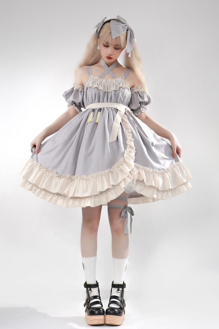 Grey [Monet Estate] Sleeveless High Waisted Ruffle Bowknot Asymmetric Sweet Lolita Jsk Dress