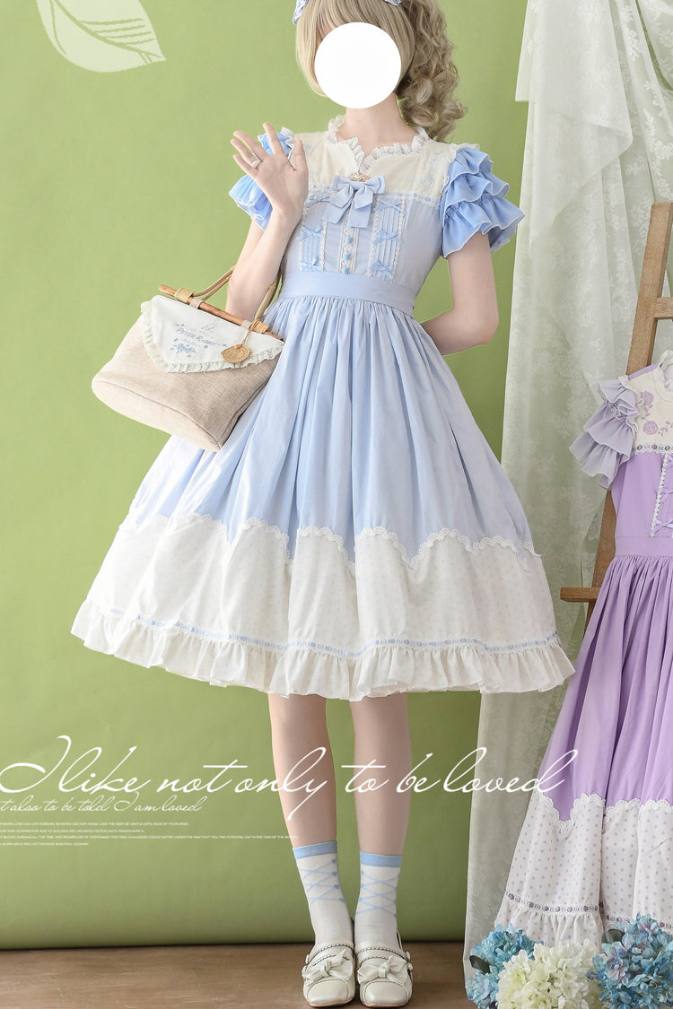 [Summer Wind] Short Sleeves Polka Dot Print Ruffle Embroidery Sweet Lolita Dress 3 Colors