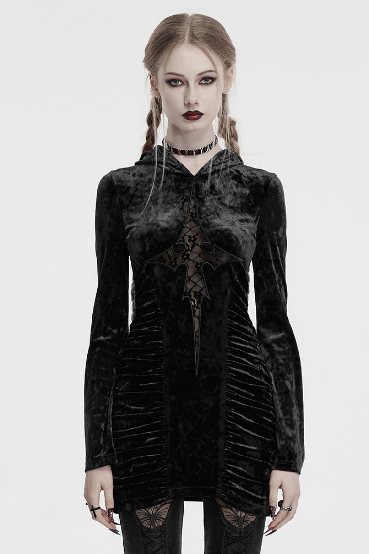 Black Long Sleeves Hollow Cross Stitching Lace Hooded Women's Gothic Dress