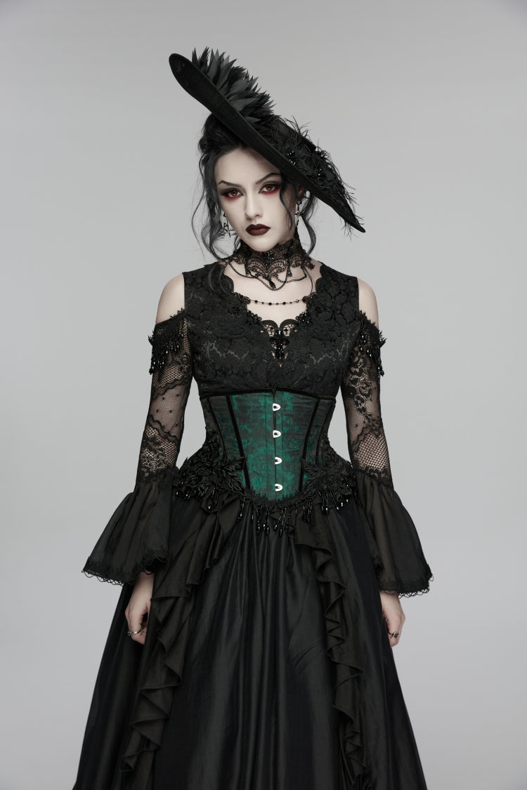 Corset gothique à lacets en jacquard noir/vert pour femmes