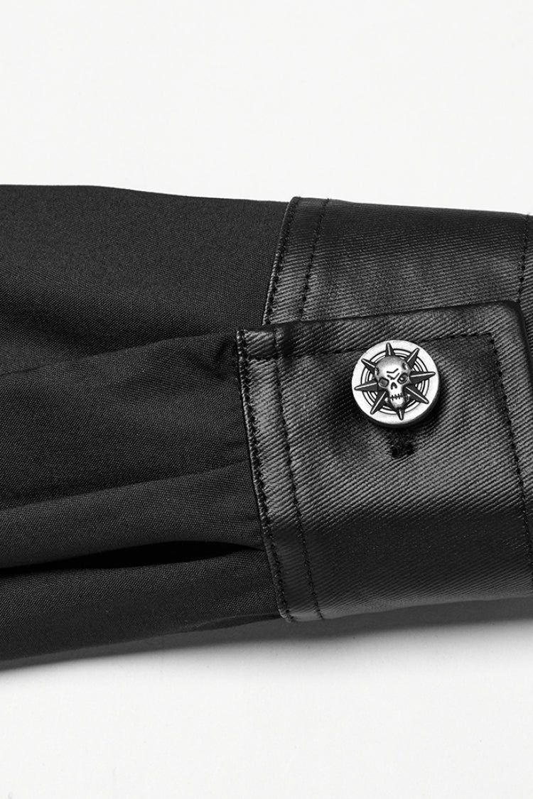 Schwarze Reverskragen Langarm Kunstleder Naht Schnalle Herren Punk Bluse 