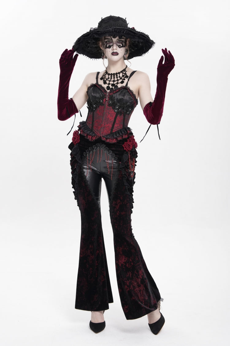 Schwarz/Rot gerüschte, gespleißte Damen-Gothic-Hose mit Blumenmuster aus Kunstleder und Samtrüschen