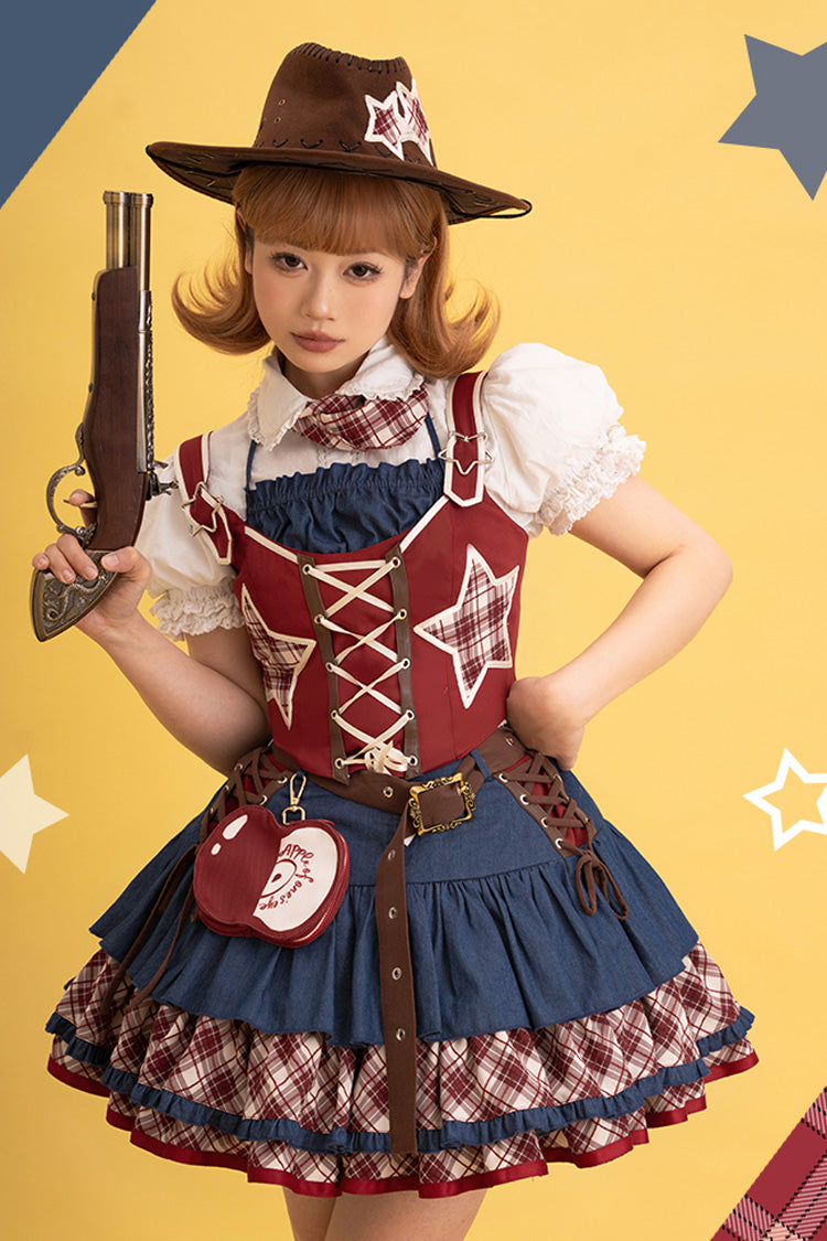 Red/Blue [Apple Trap] Triple-Layered Print Ruffle Lace-Up Sweet Lolita Jsk Dress Two-piece Set