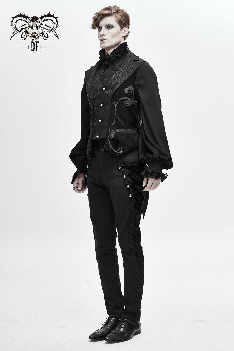 Black Fake Two Piece Leather Embroidered Swallow Tail Hem Men's Gothic Waistcoat
