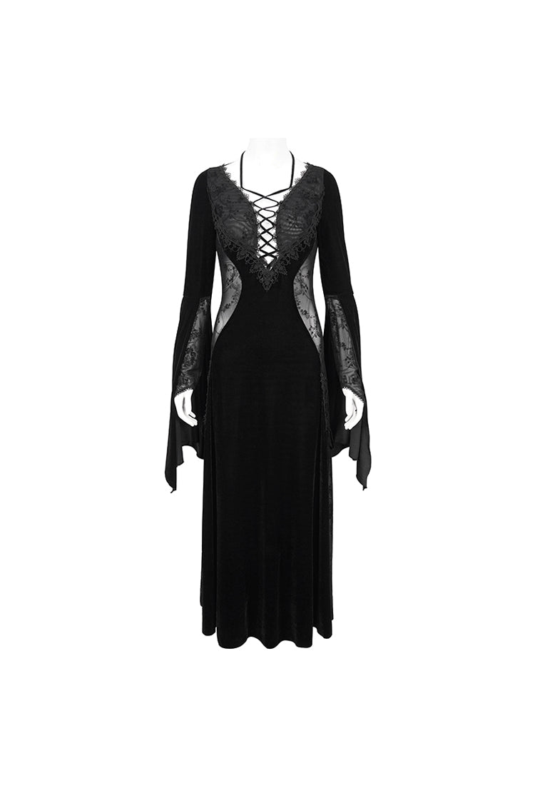 Black Velvet Mesh Splice Long Women's Gothic Dress