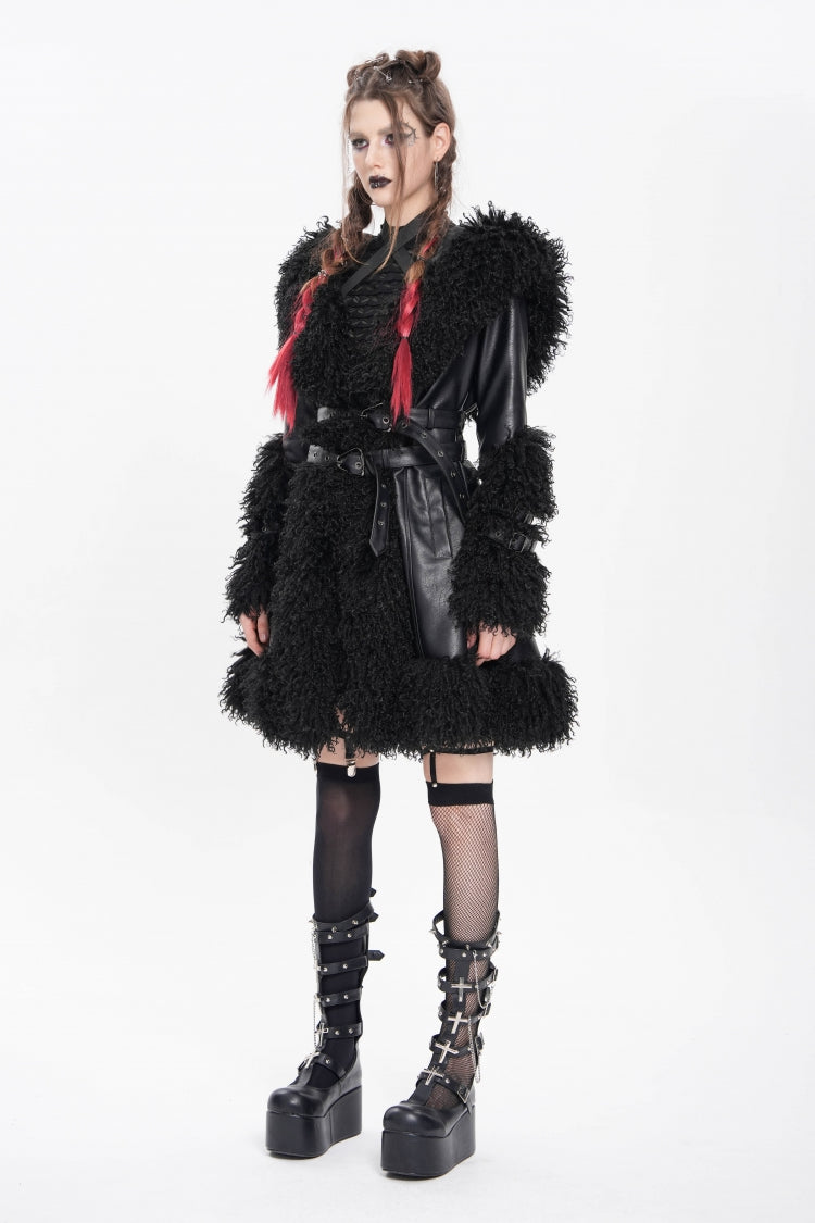 Black Long Sleeves Plush Stitching Buckle Hooded Straps Women's Punk Coat