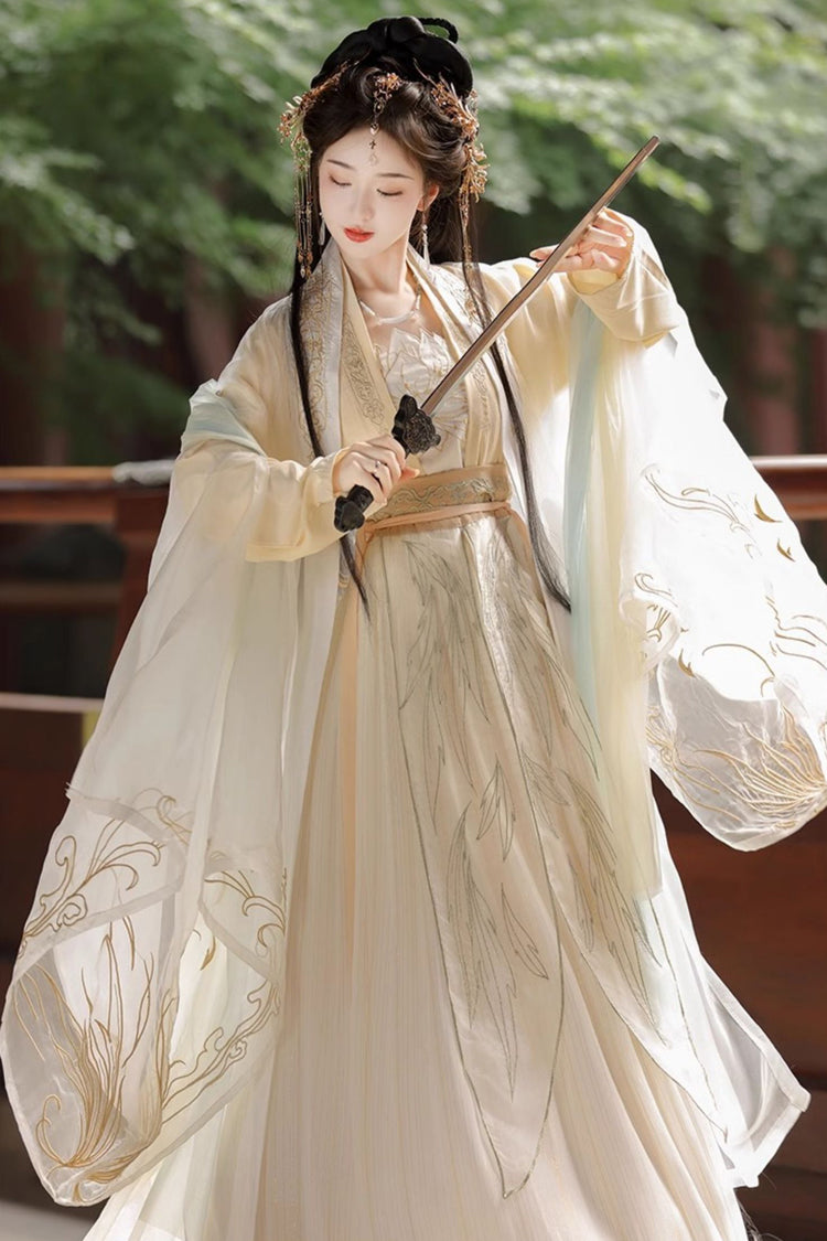 Beige Long Sleeves High Waisted Jacquard Print Embroidery Women's Sweet Hanfu Dress Full Set