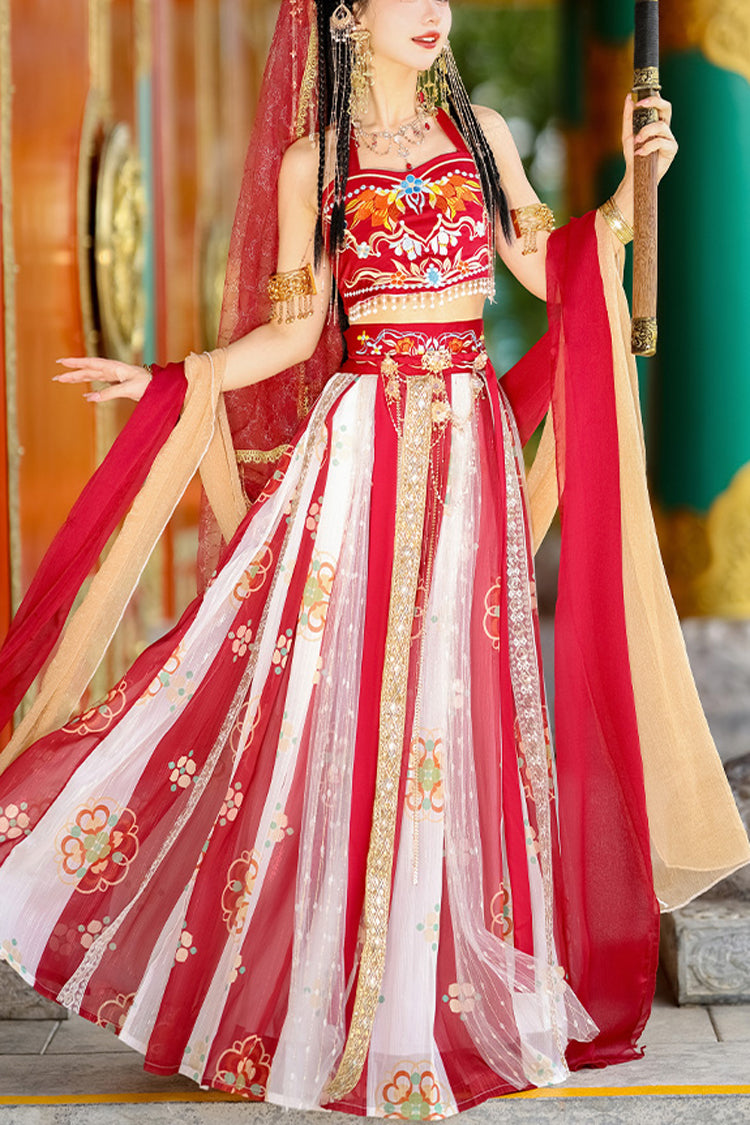 Red Elegant Print Embroidery High Waisted Sleeveless Hanfu Dress Full Set