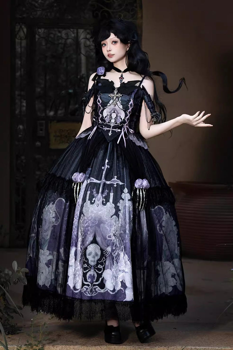 Black/Blue [Skull Magic] Print Ruffle Bowknot Gothic Elegant Lolita Skirt Two-Piece Set