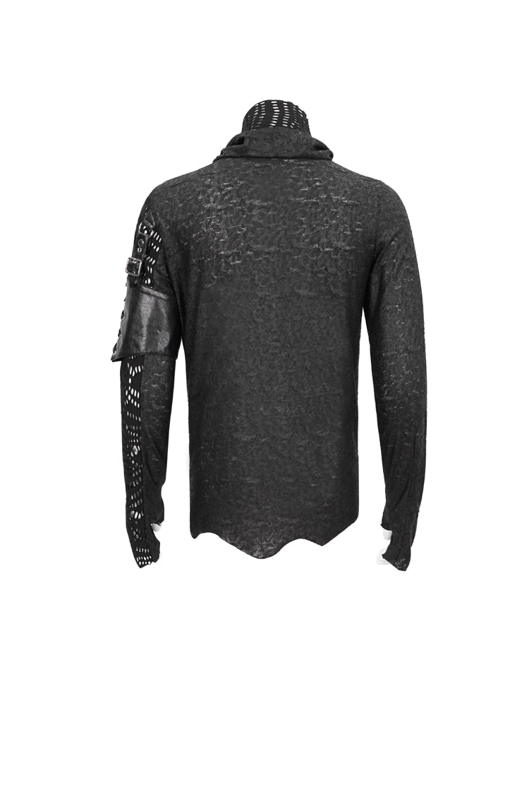 Schwarzes, modisches, bedrucktes Stoffnähte, zerrissenes Mesh, abnehmbares Langarm-Punk-T-Shirt für Herren