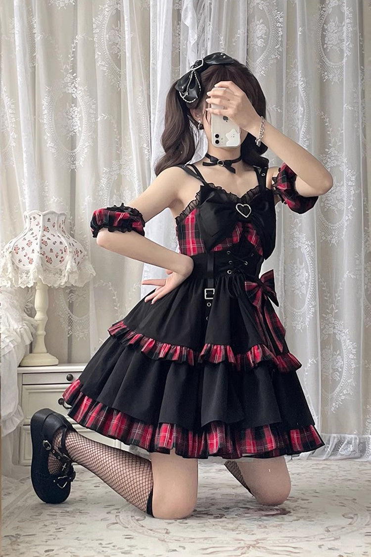 Black/Red Plaid Print Color Contrast Leather Buckle Bowknot Ruffle Gothic Lolita JSK Dress