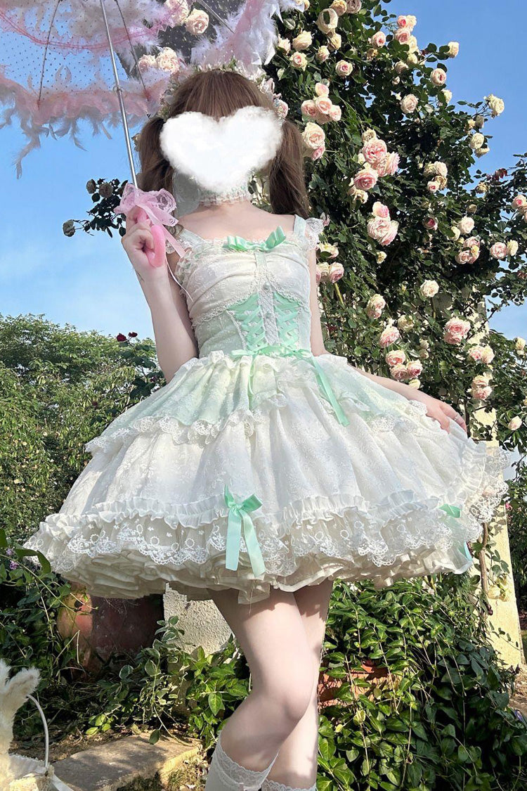 Green [Leiffu] Sleeveless Ruffle Bowknot Lace Lace-Up Sweet Ballet Lolita Jsk Dress