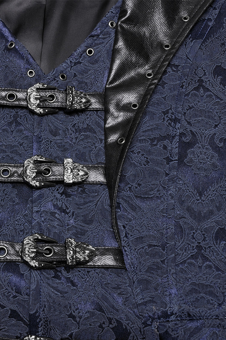 Black/Blue Lapel V-neck Sleeveless Jacquard Buckle Men's Gothic Vest