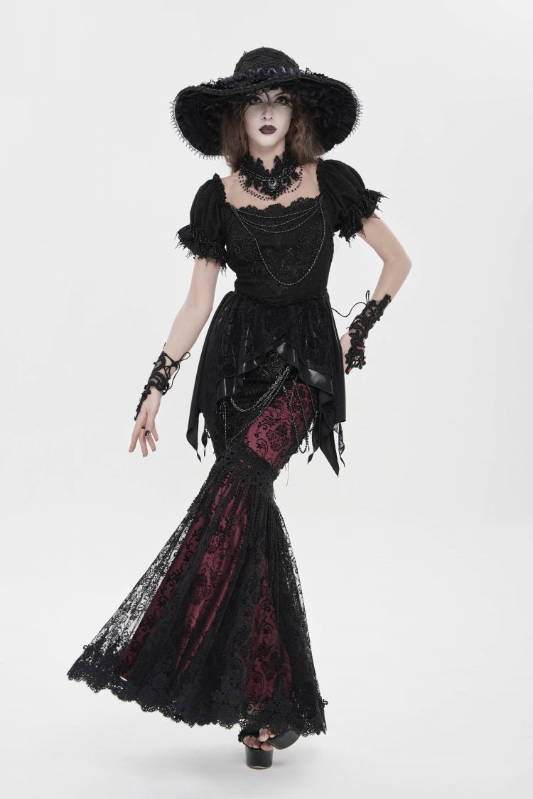 Schwarz/roter, doppellagiger, bestickter, schmaler, perlenverzierter Damen-Gothic-Rock aus Spitze