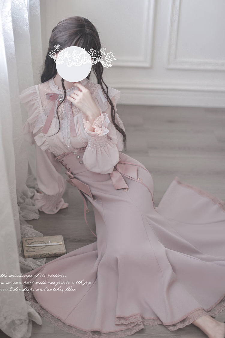 Pink Ruffle Bowknot Slim Sweet Elegant Lolita Fishtail Skirt Dress