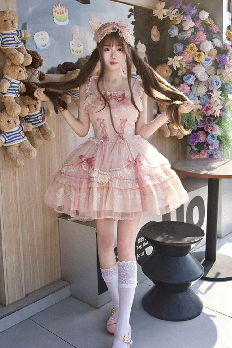 Pink [Candy House] Sleeveless Ruffle Bowknot Lace Lace-Up Sweet Lolita Jsk Dress