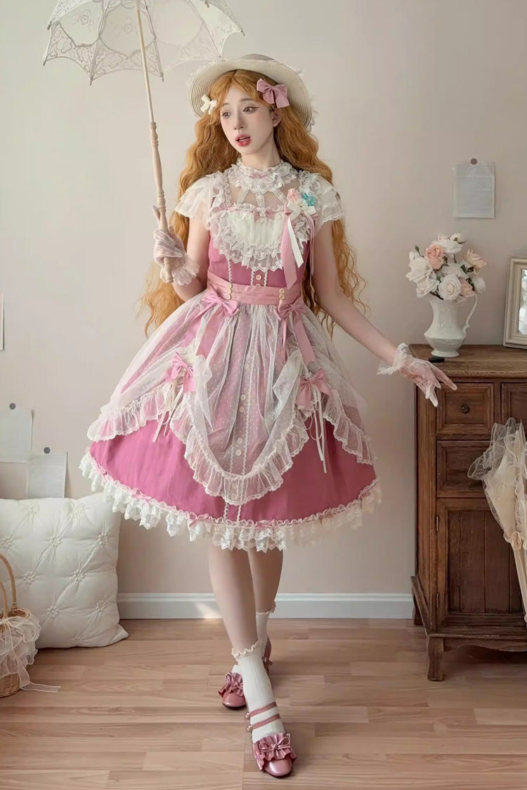 Rose Red [Sakura’s Spring Resonance] Sleeveless Ruffled Bow Sweet Lolita Jsk Dress (Short Version)