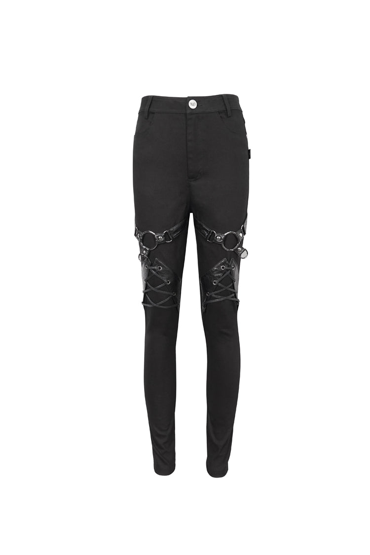 Black Slightly Elastic Twill Pu Tie Rope Decoration Women's Punk Trousers