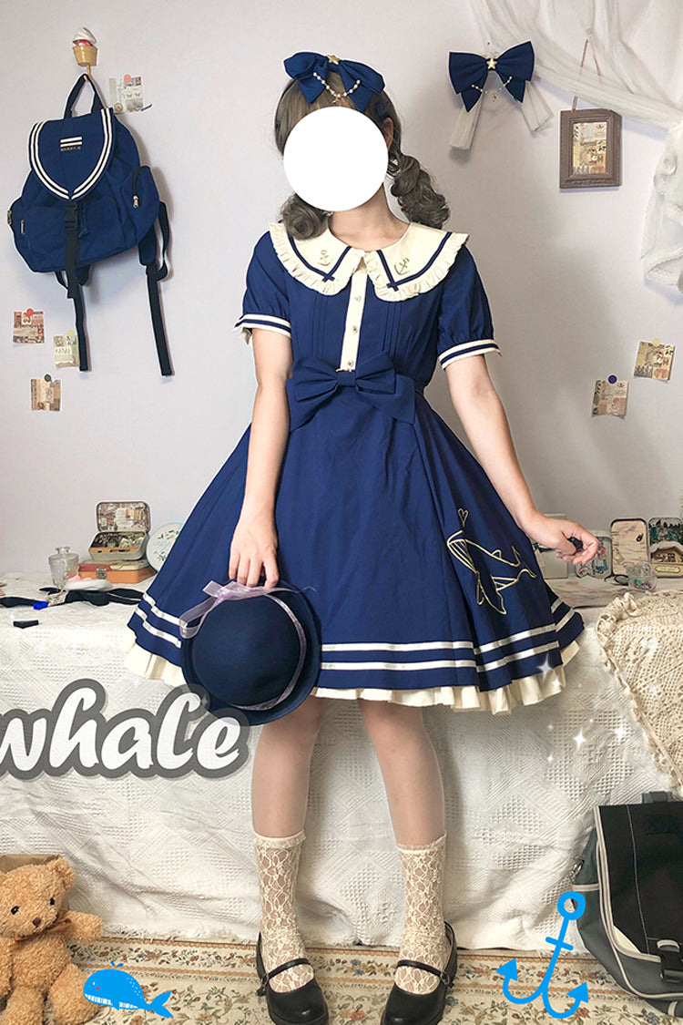 Little Sea Whale Navy Sailor Short Sleeves Sweet Lolita OP Dress 3 Colors