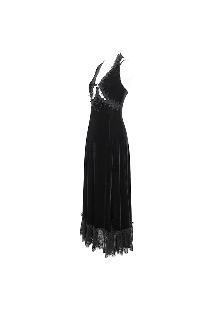 Black Lace Up Lace Hem Slip Long Women's Gothic Dres