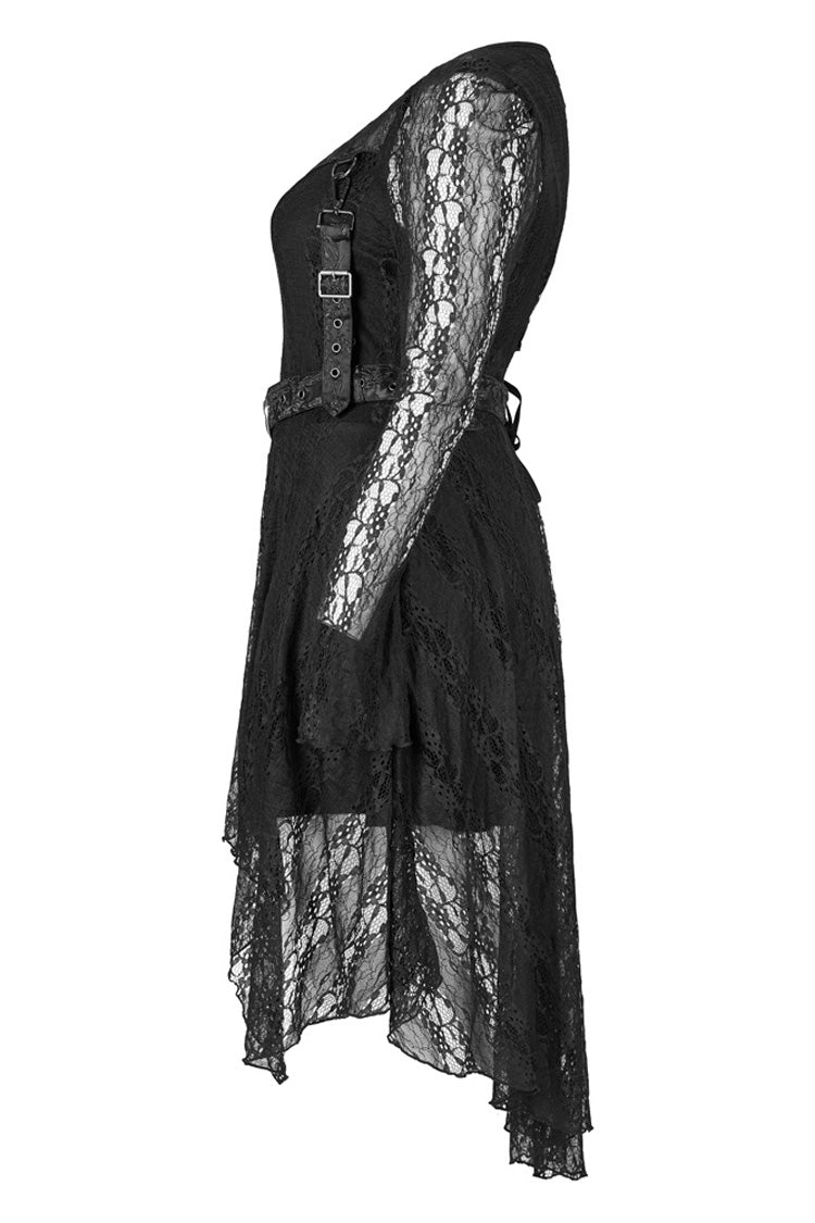 Black Elasticity Modal Cotton Fabric Patchwork Lace Metal Buckle Belt Long Hem Long Sleeve Women's Plus Size Gothic Dress