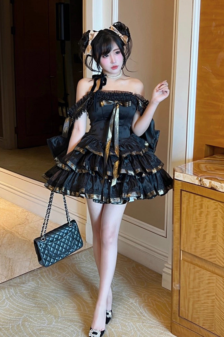 Black [Princess Ribbon] Off Shoulder Triple-Layered Ruffle Bowknot Sweet Lolita Dress
