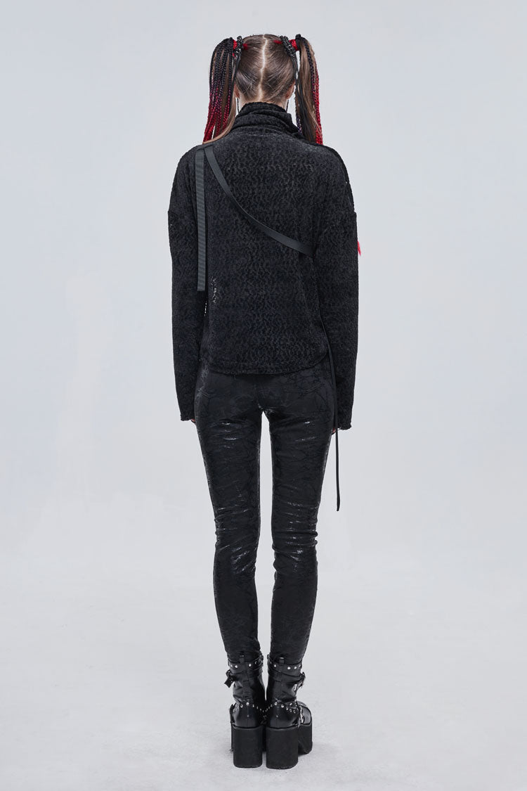 Black Texture Grainy Turtleneck Metal Buckle Through With Grommet Decoration Irregular Women's Punk Sweater