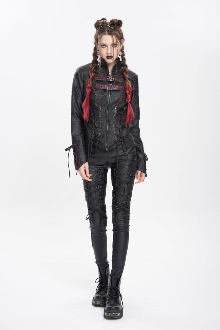 Black Pentacle Lace-Up Buckle Women's Punk Jacket