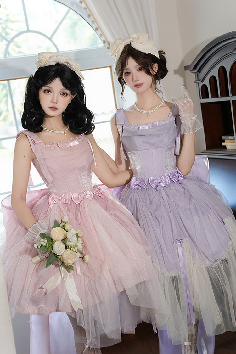 Robe Jsk Sweet Lolita sans manches avec nœud papillon et volants en os de poisson [Mer Mousseuse] rose 