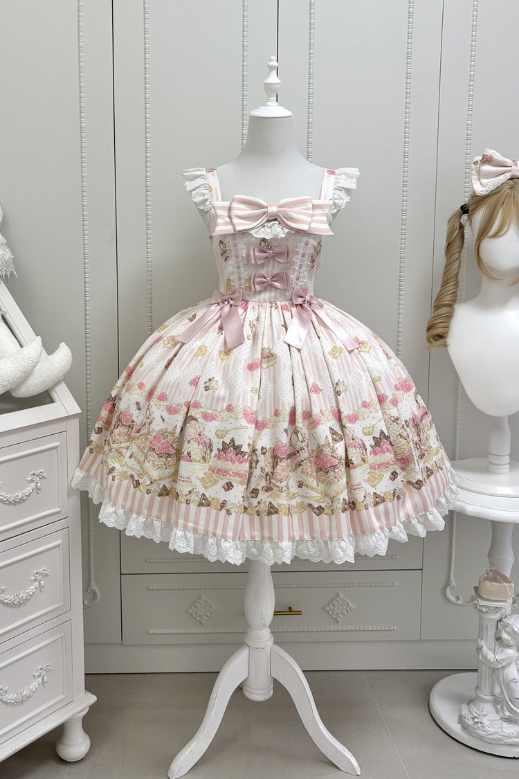 Rosa [Erdbeereis-Käsekuchen] Quadratischer Kragen, kurze Ärmel, bedruckt, gerüschte Schleife, Spitze, lässiges süßes Lolita-JSK-Kleid