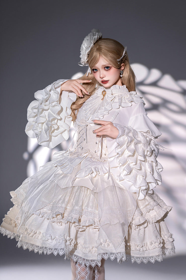 ホワイト 【善悪の天使】多層フリルレーススイートエレガントロリータスカート(コルセットベルト付き)
