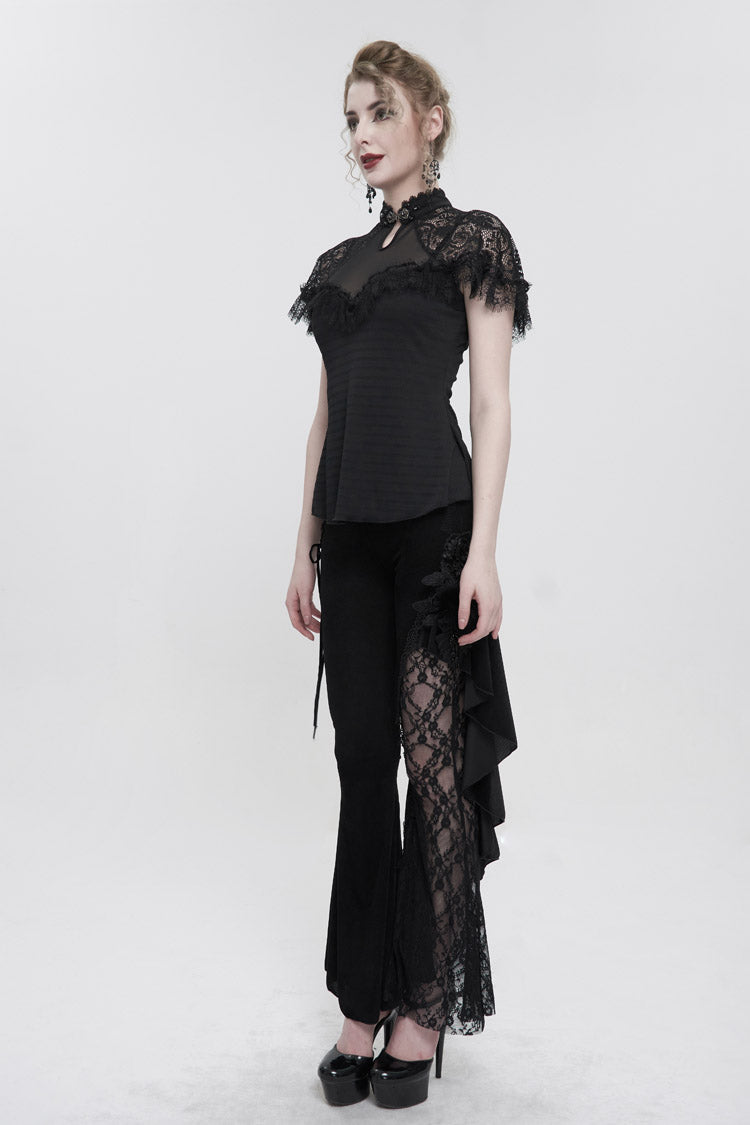 Schwarzes, schlankes T-Shirt für Damen im chinesischen Stil mit V-Ausschnitt, Nagelbohrer, Brustnähten, Mesh, Raglanärmeln, Gothic-Cheongsam-Stil