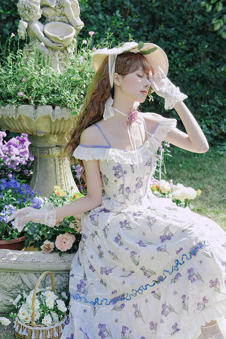 Robe Jsk Lolita douce en dentelle brodée à volants imprimée à épaules dénudées [Moonlight Iris] ivoire 