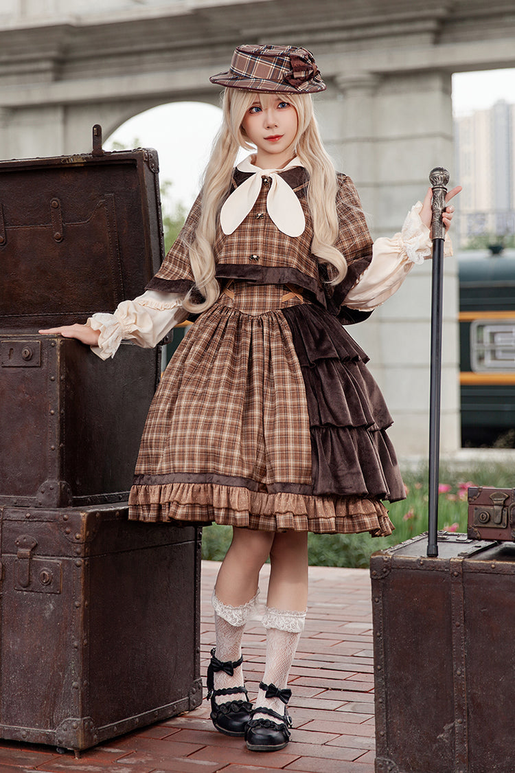 Brown [Morning Tune] Sleeveless High Waisted Print Ruffle Asymmetric Sweet Lolita Strap Dress