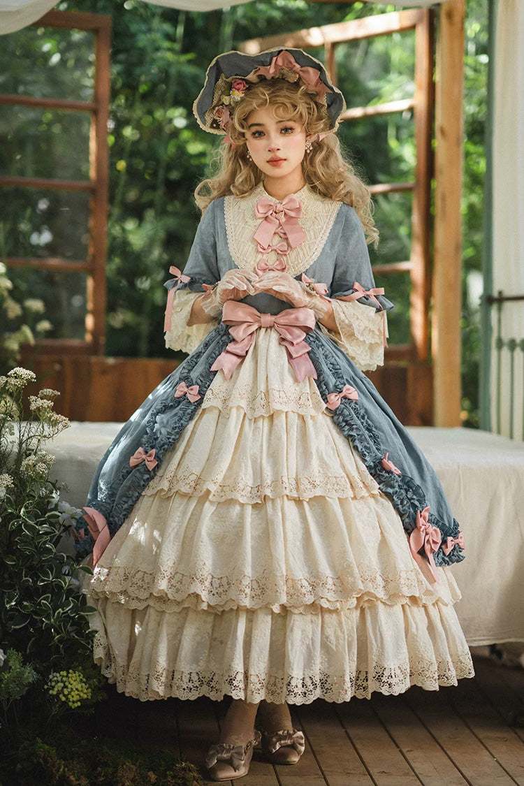 Blue [Lilica Garden] Lapel Collar Short Trumpet Sleeves Ruffled Open-Front Bow Lace Sweet Elegant Luxurious Lolita Dress