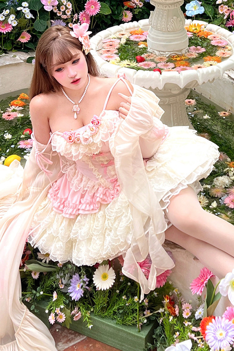 Pink [Pure Dream Flower Love] Multi-Layered Ruffle Embroidery Bowknot Lace Sweet Lolita Jsk Dress