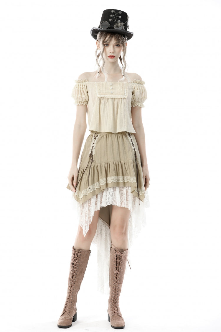 White/Yellow Women's Steampunk Victorian Lace Multi-Layered Dovetail Ruffled Skirt
