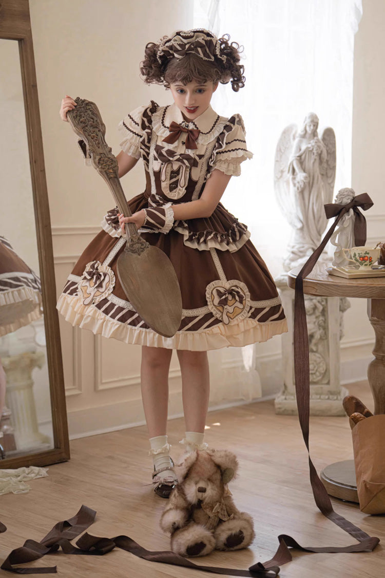 Brown Short Sleeves Print Ruffle Bowknot Sweet Princess Lolita Jsk Dress Set