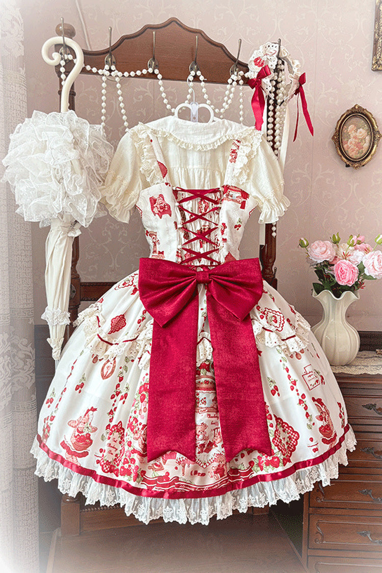 Ivory/Red [Strawberry Bear] Sleeveless Print Ruffle Embroidery Bowknot Lace Sweet Lolita Jsk Dress