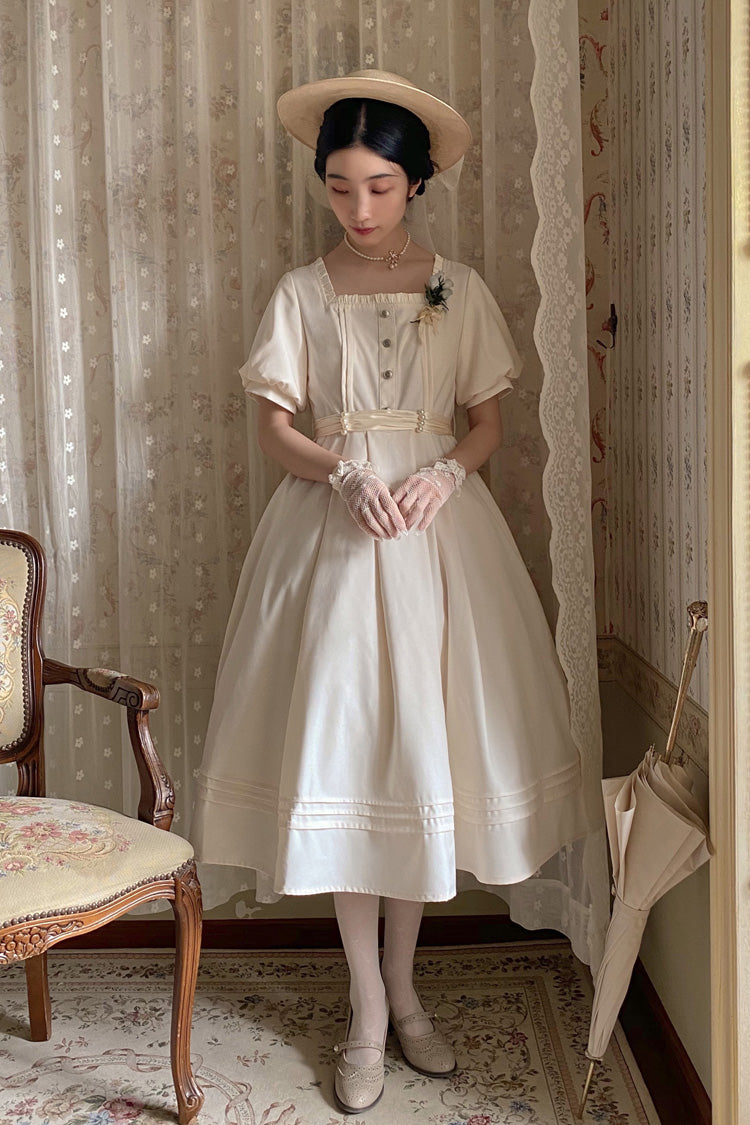 Apricot [Random Thoughts] Square Collar Short Sleeves Ruffle Classic Vintage Elegant Lolita Dress