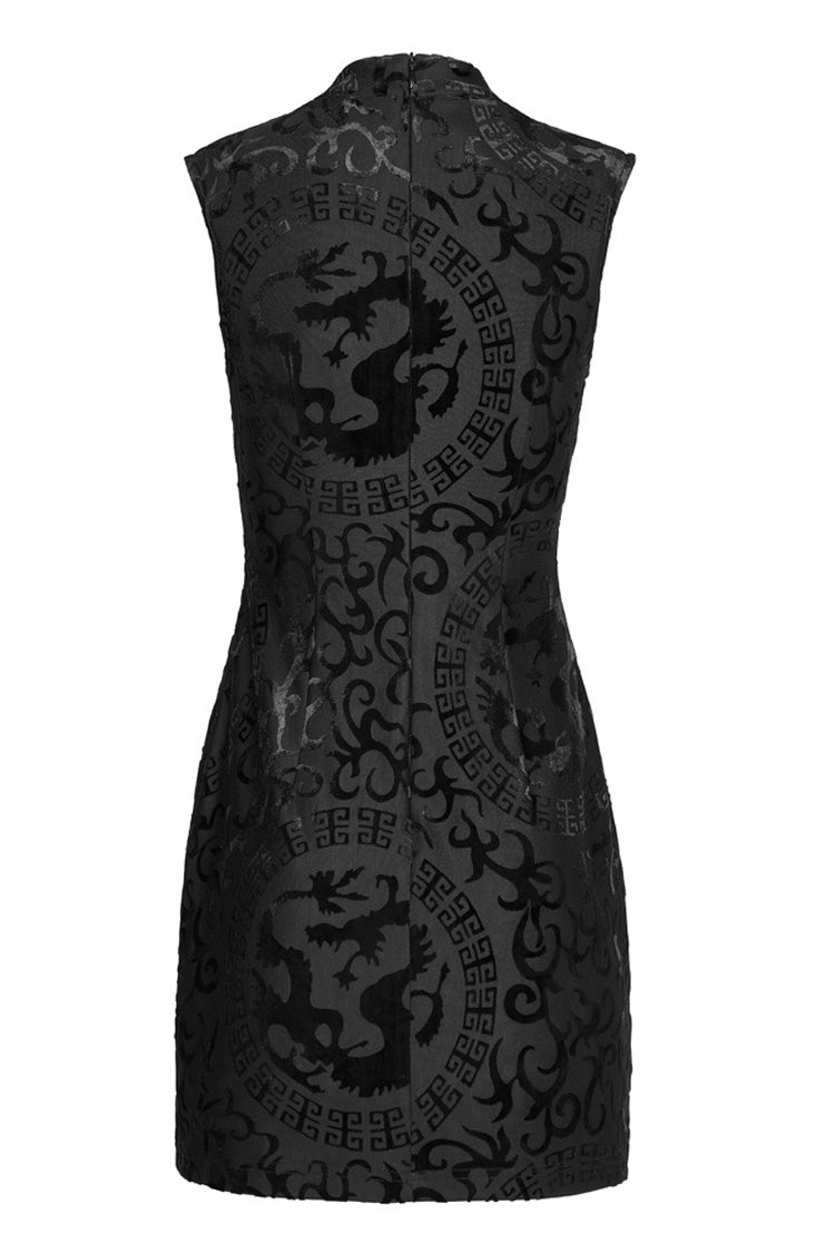 Black Chinese Style Stretch Velvet Burning Flower Dragon Totem Pattern Decoration Small Slit Hem Sleeveless Women's Gothic Dress