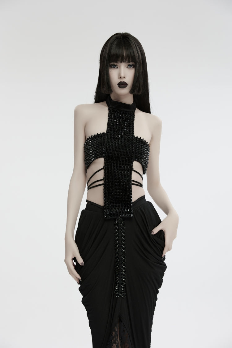 Corset gothique noir à épaules dénudées en dentelle à lacets et boucles cloutées pour femmes