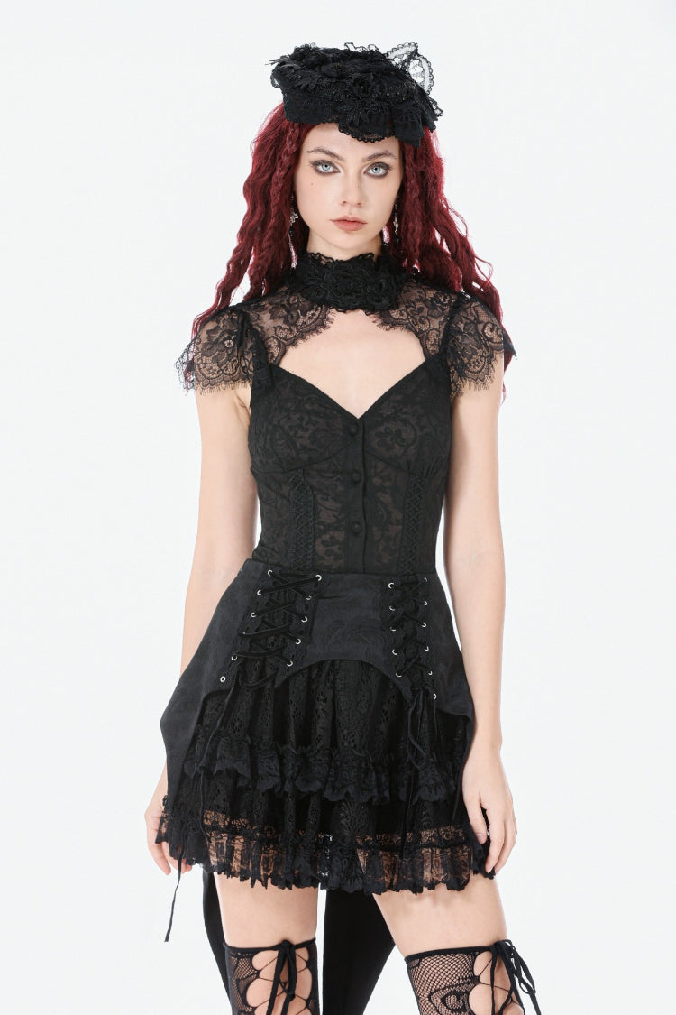 Schwarzer, hoch taillierter, geschichteter Schwalbenschwanz-Gothic-Rock aus Jacquard mit Schnürung und Rüschen für Damen