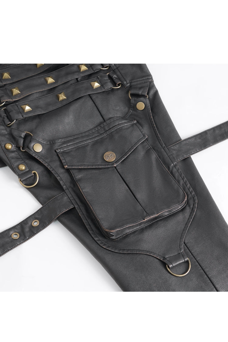 Black Big Pocket Bronze Studded Faux Leather Men's Gothic Pants