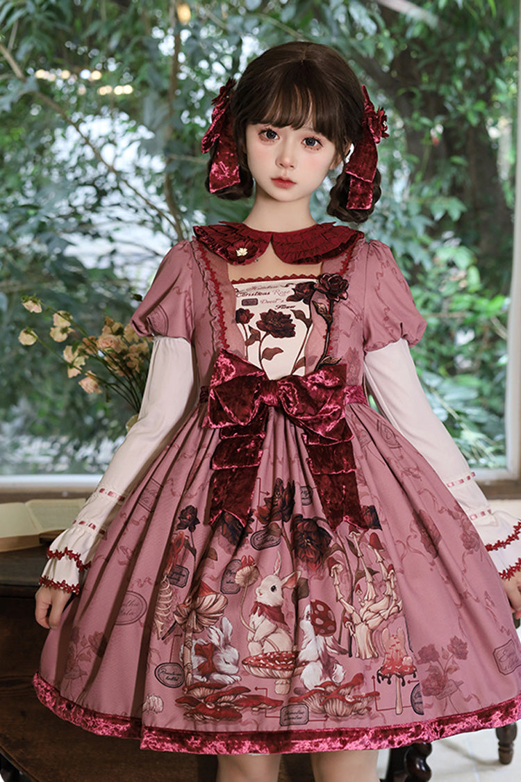 Red Short Sleeves Rabbit Sunflower Print Ruffle Embroidery Bowknot Sweet Lolita Dress